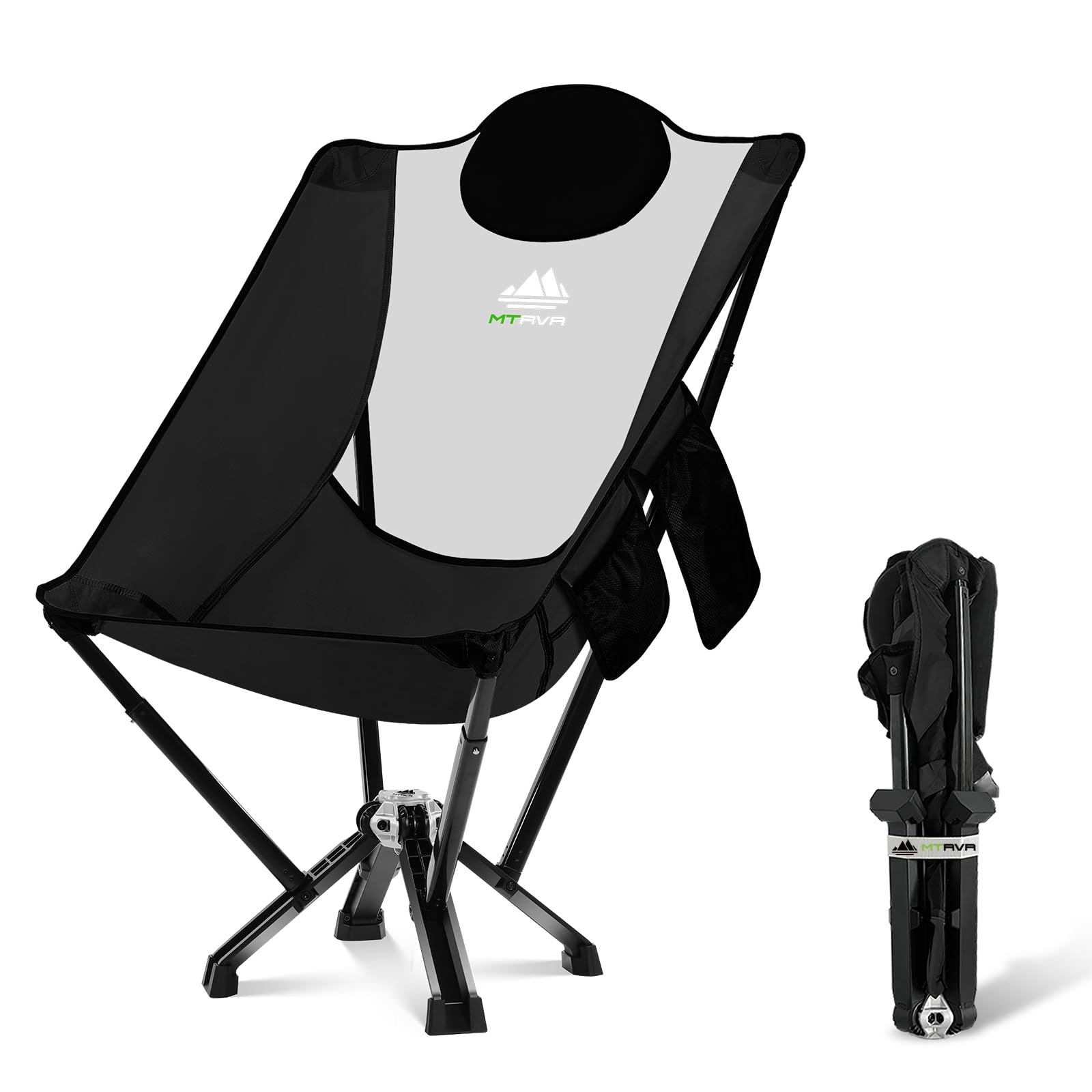 MTRVR high-back camping chair front-angle showing full back support for indoor or outdoor lounging