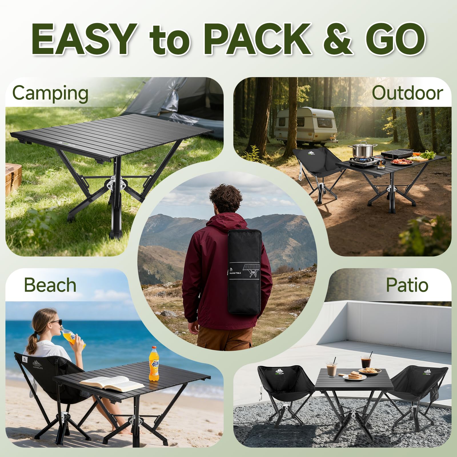 MTRVR versatile outdoor table suitable for camping, beach days, picnics, and backyard gatherings.