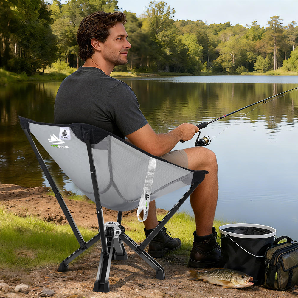 MTRVR chair with anti-slip feet demonstrates stability on sand, grass, and uneven ground.