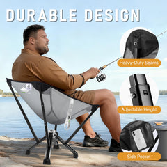 MTRVR ergonomic backrest supports long sits during camping, fishing, and tailgating.