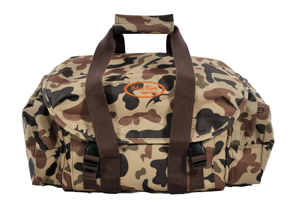 Mud River Maynard Reece Standard Blind Bag in vintage camo, front view, rugged water-resistant storage.