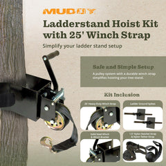 MUDDY 25-foot winch strap enabling safe reach for tall ladder stands.