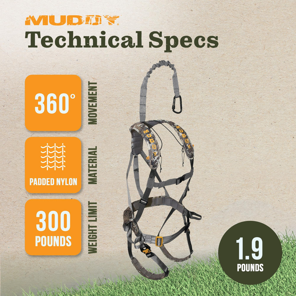MUDDY Ambush Safety Harness durable elastic chest strap keeps the harness secure during dynamic movement.