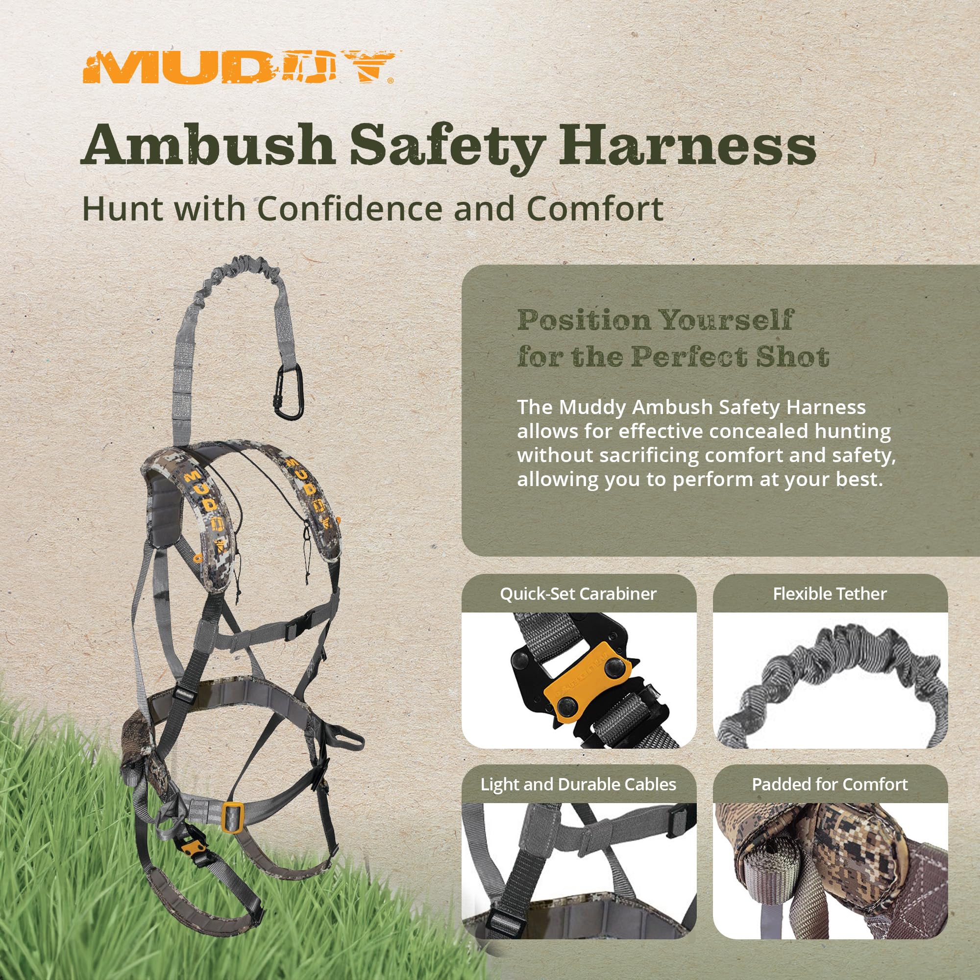 MUDDY Ambush Safety Harness padded waist strap delivers all-day comfort during long treestand hunts.