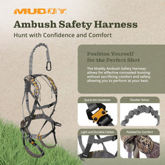 MUDDY Ambush Safety Harness padded waist strap delivers all-day comfort during long treestand hunts.