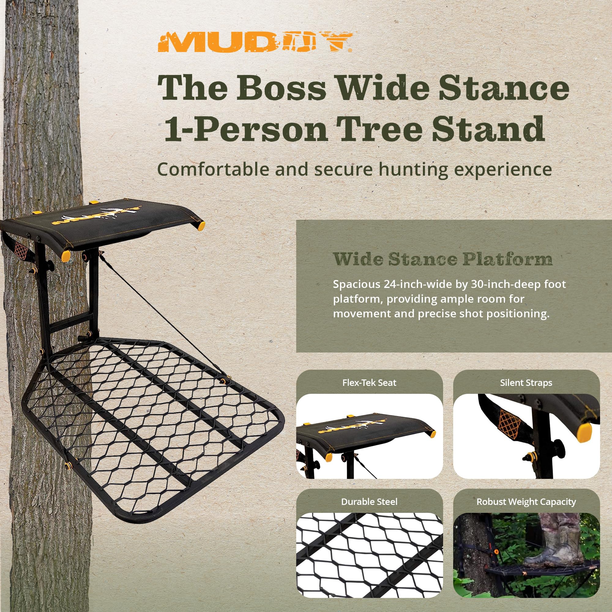 MUDDY The Boss platform close-up showing spacious 24x30 area for gear.