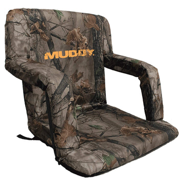 MUDDY Deluxe Stadium Bucket Chair in use, attached to a bucket for comfortable field seating.