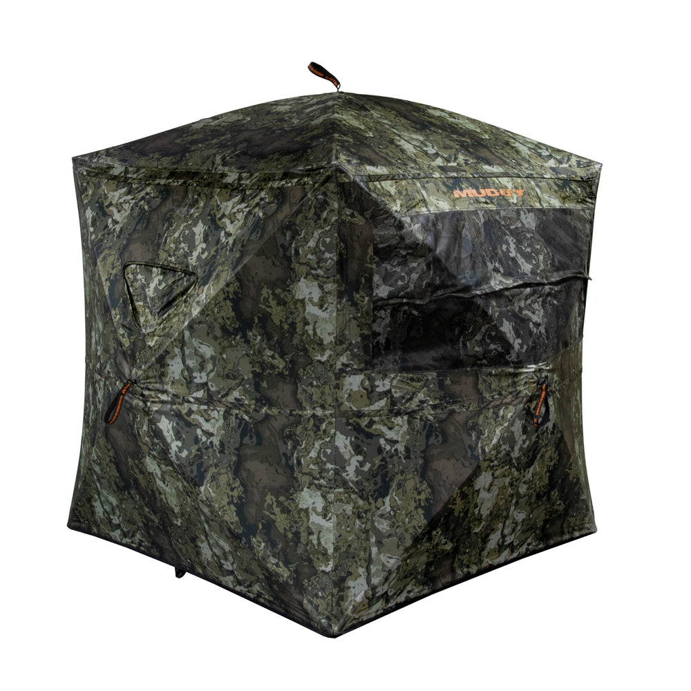 MUDDY Infinity Evo ground blind front view in Veil Canyon Gray for improved concealment