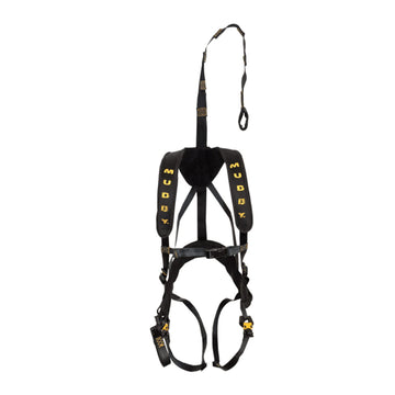 MUDDY Magnum Elite safety harness with rugged tether reduces fall risk.