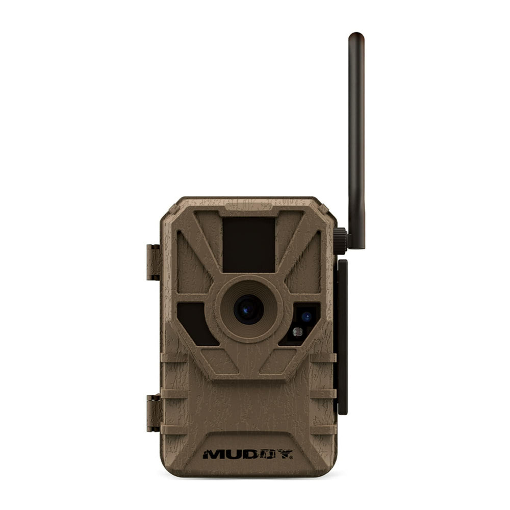 MUDDY Manifest cellular camera front view shows rugged weatherproof housing for reliable outdoor scouting.
