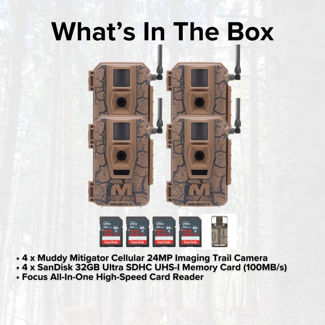 MUDDY Mitigator bundle contents including four cameras memory cards and card readers