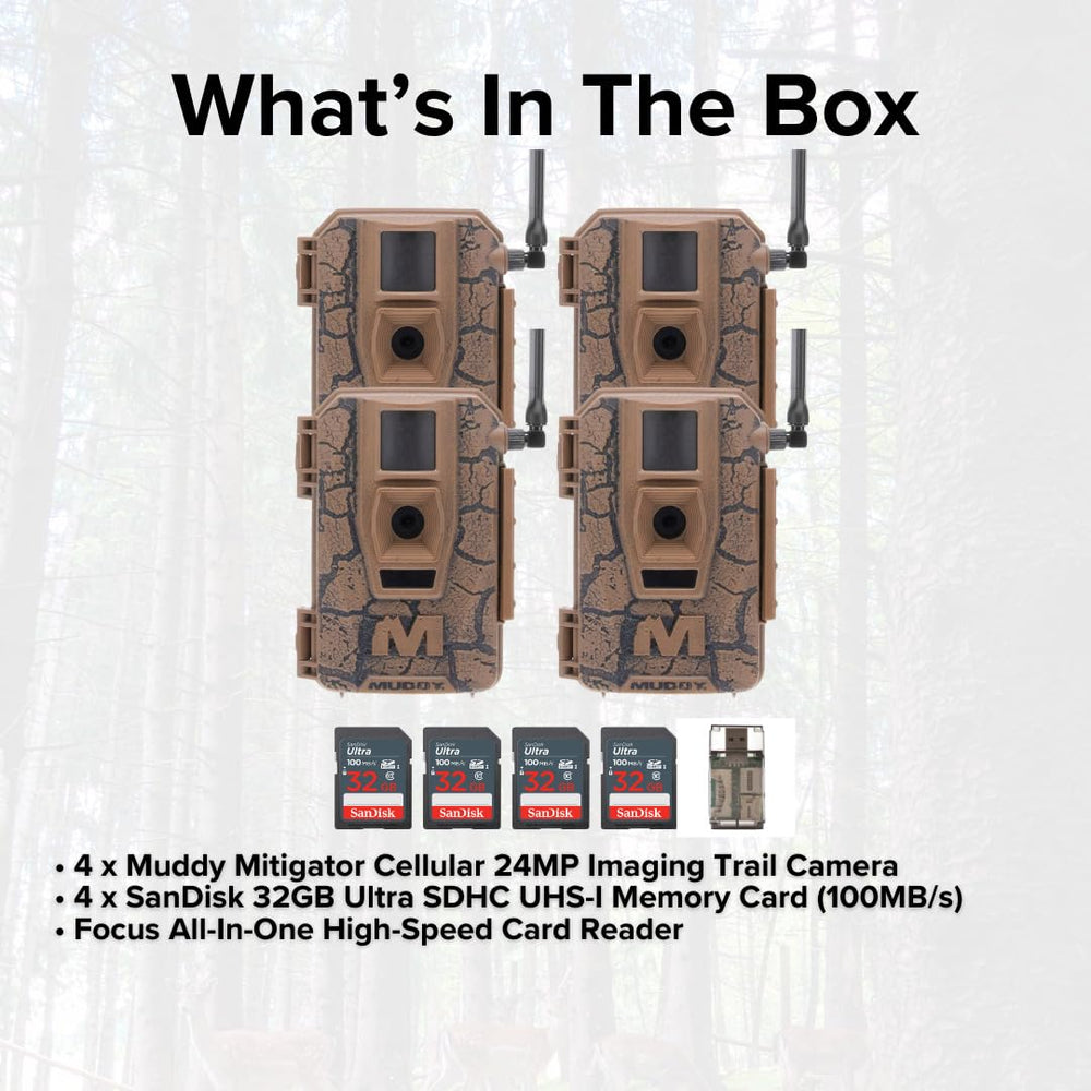 MUDDY Mitigator bundle contents including four cameras memory cards and card readers