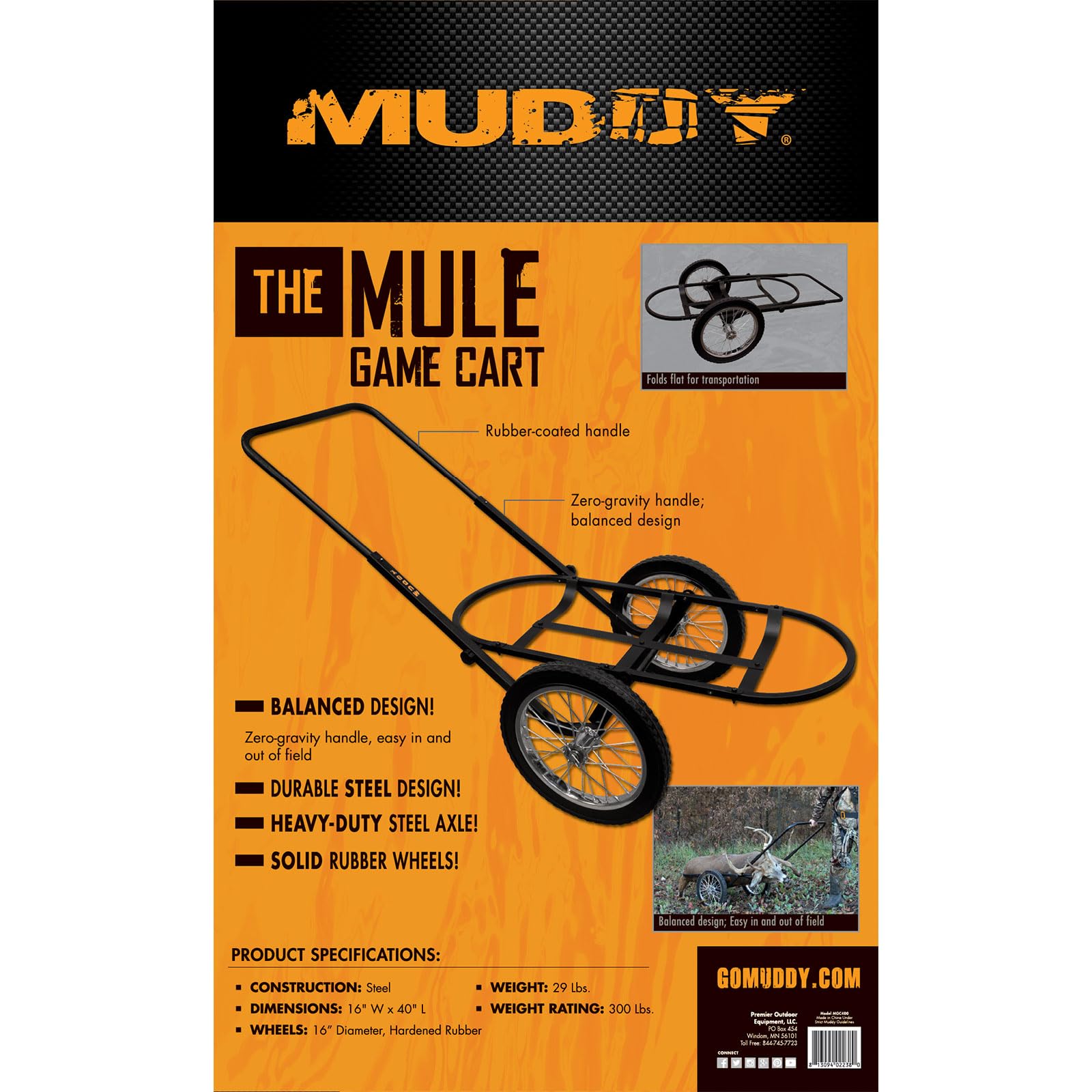 MUDDY Mule Game Cart Steel rubber-coated handle reduces fatigue during haul.