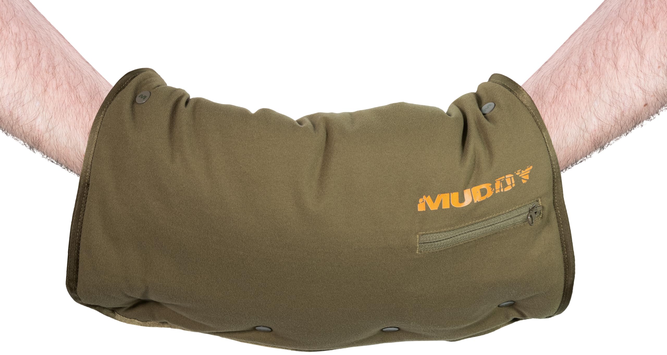 MUDDY Nucleus heated hand muff front view demonstrates warm, weatherproof protection for cold outings.