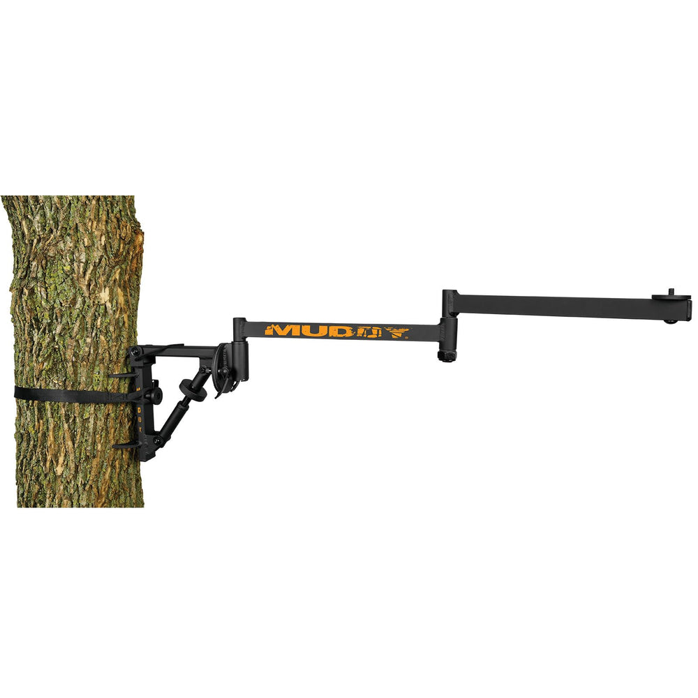 Muddy Outfitter camera arm bubble level aids precise framing on uneven terrain.