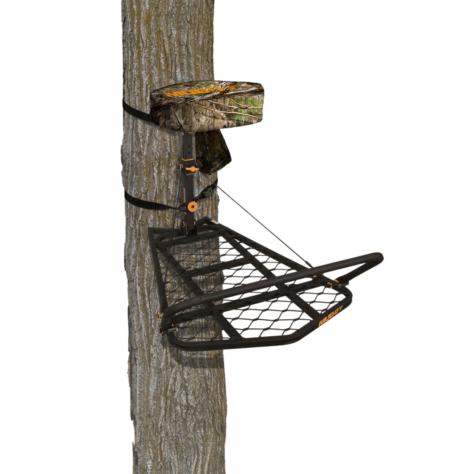 Muddy Outfitter hang-on stand with wide platform for stable hunting setup.
