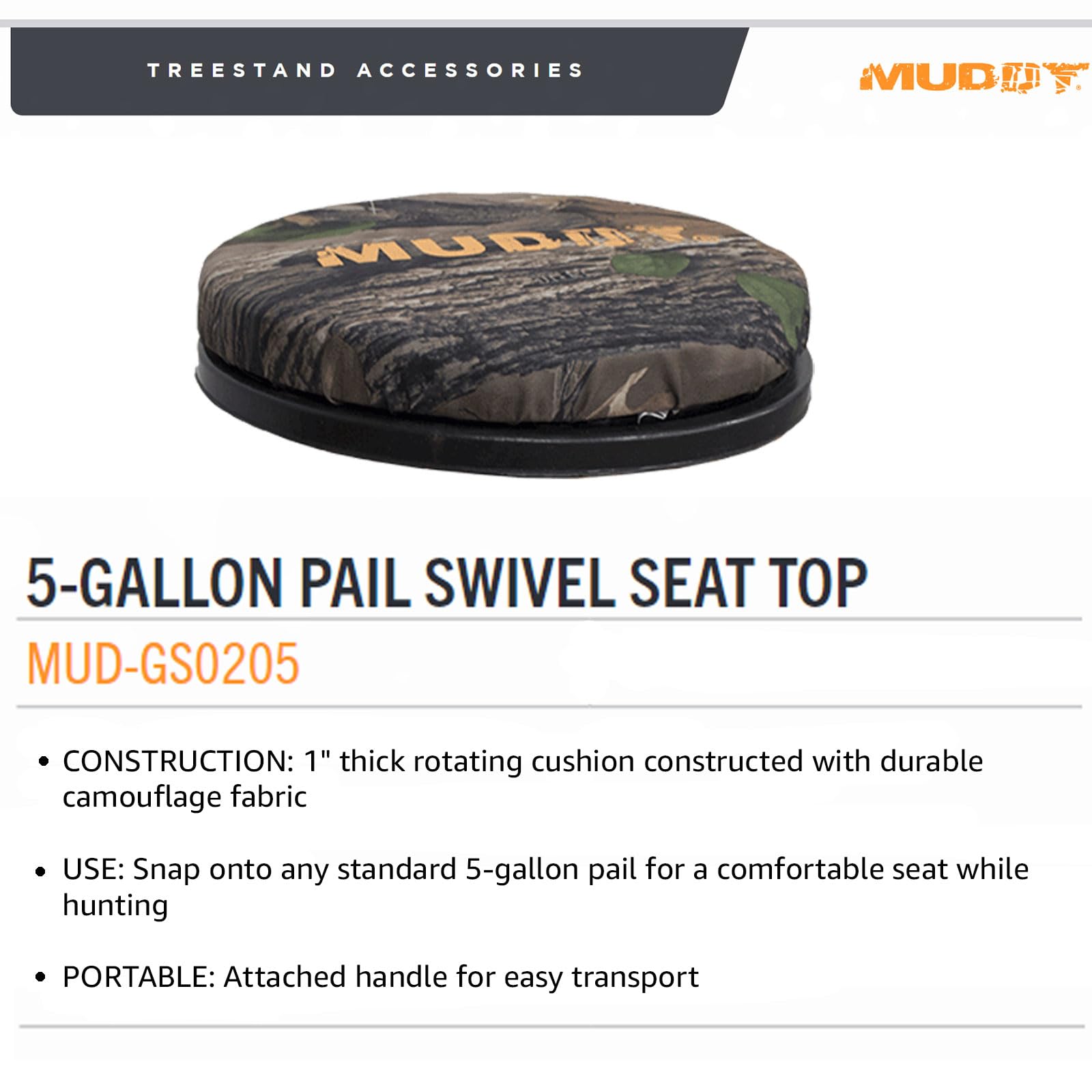 MUDDY portable hunting seat with attached handle for easy transport between blinds.