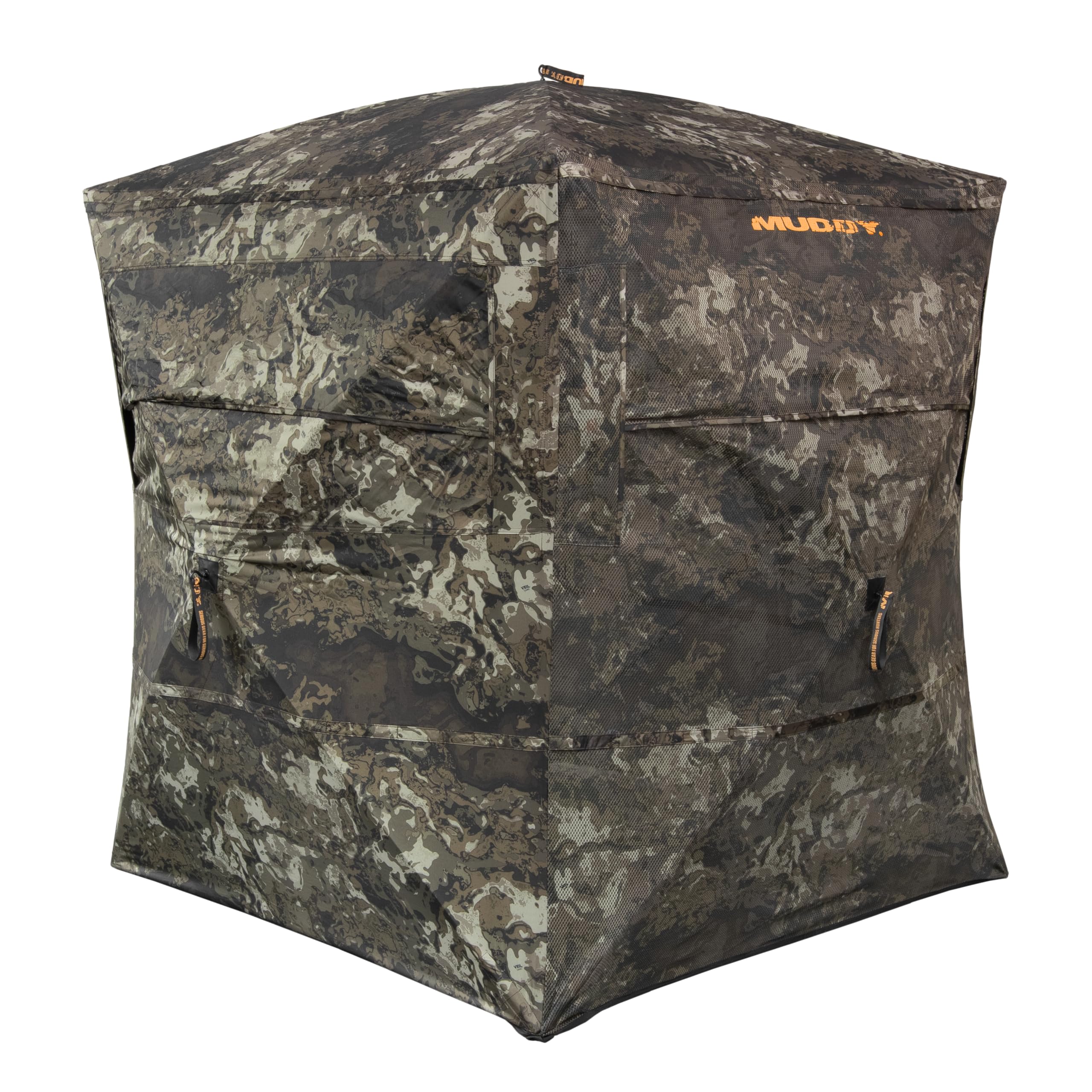 Muddy Prevue Evo ground blind front view in Canyon Gray with silent panoramic windows