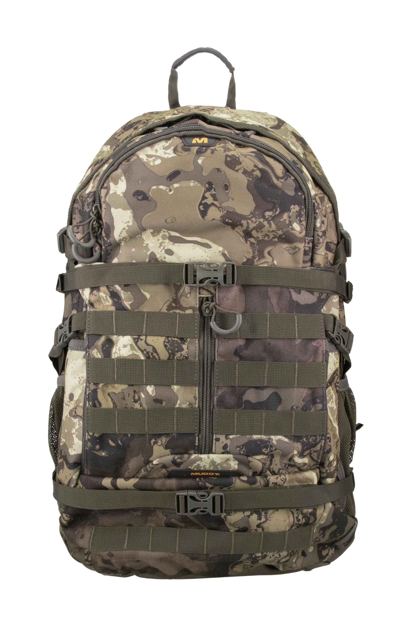 Muddy Pro 1300 backpack front view with rain cover for weather protection