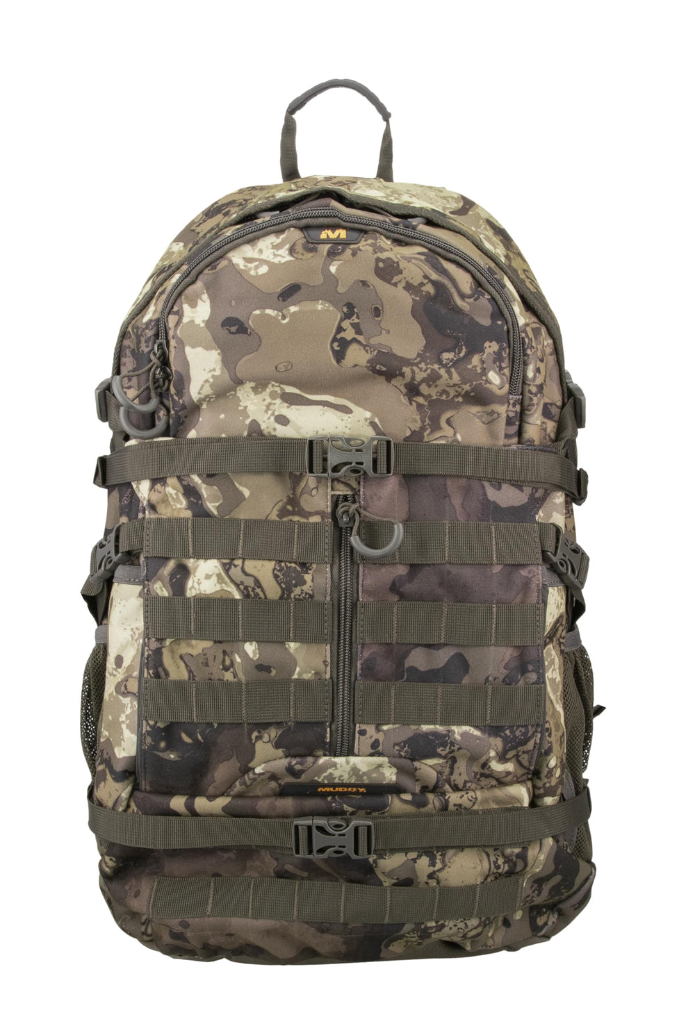Muddy Pro 1300 backpack front view with rain cover for weather protection