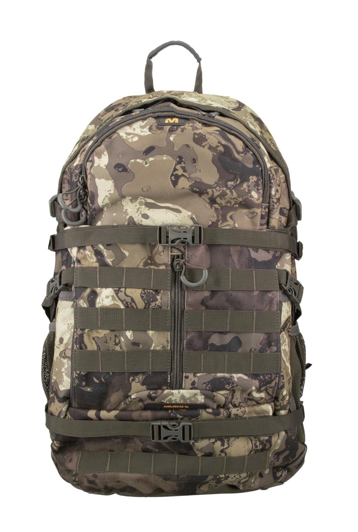 Muddy Pro 1300 backpack front view with rain cover for weather protection