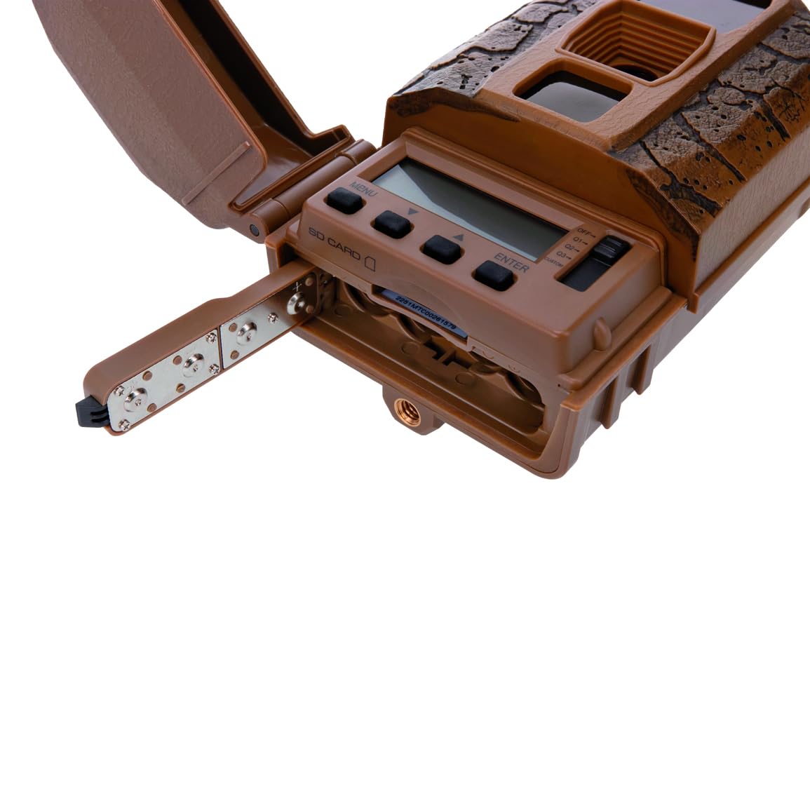 MUDDY Pro Cam 16MP back panel highlights battery compartment access for deployments