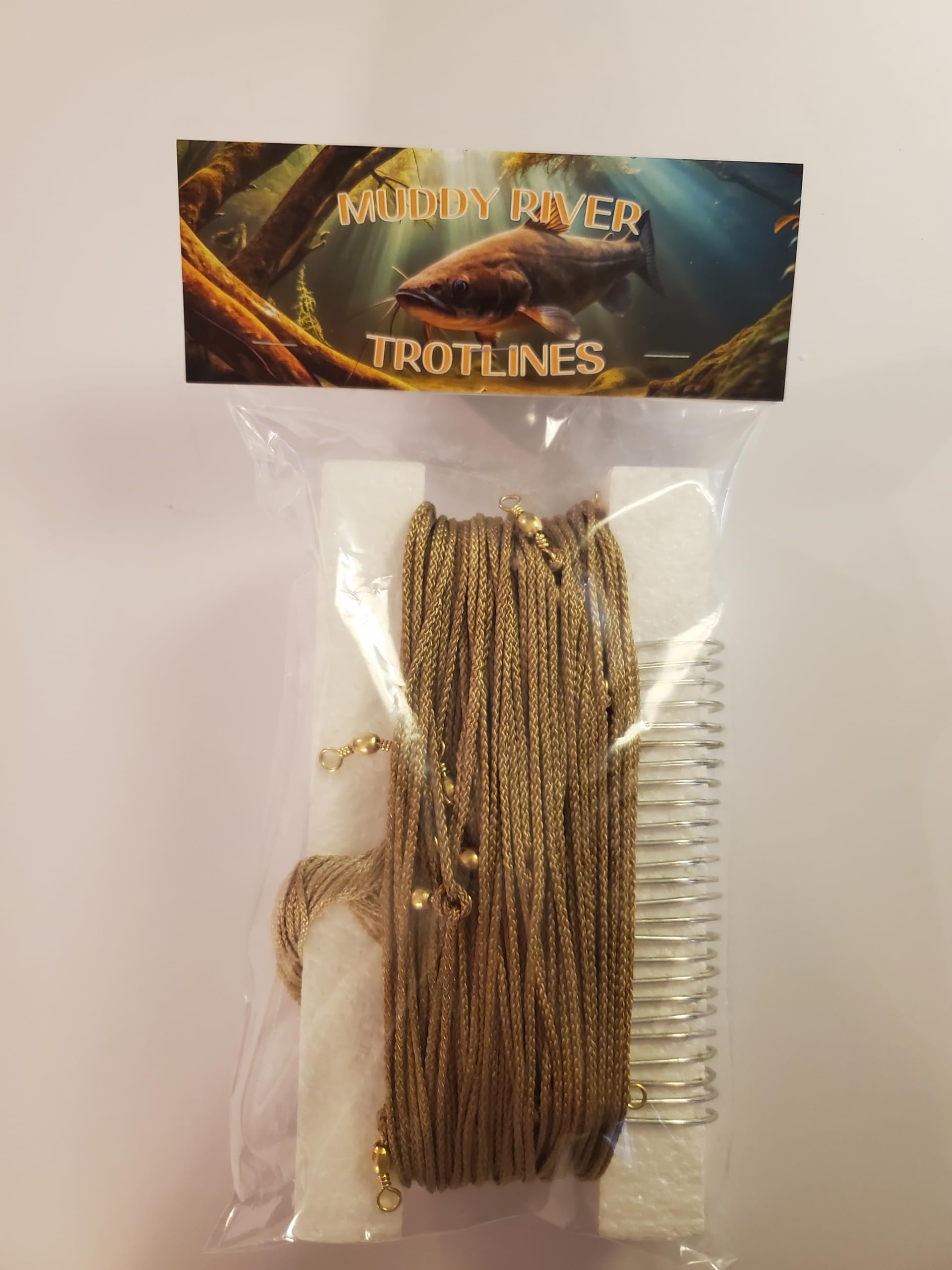Muddy River Trotlines hand-tied in the USA badge close-up highlighting craftsmanship.