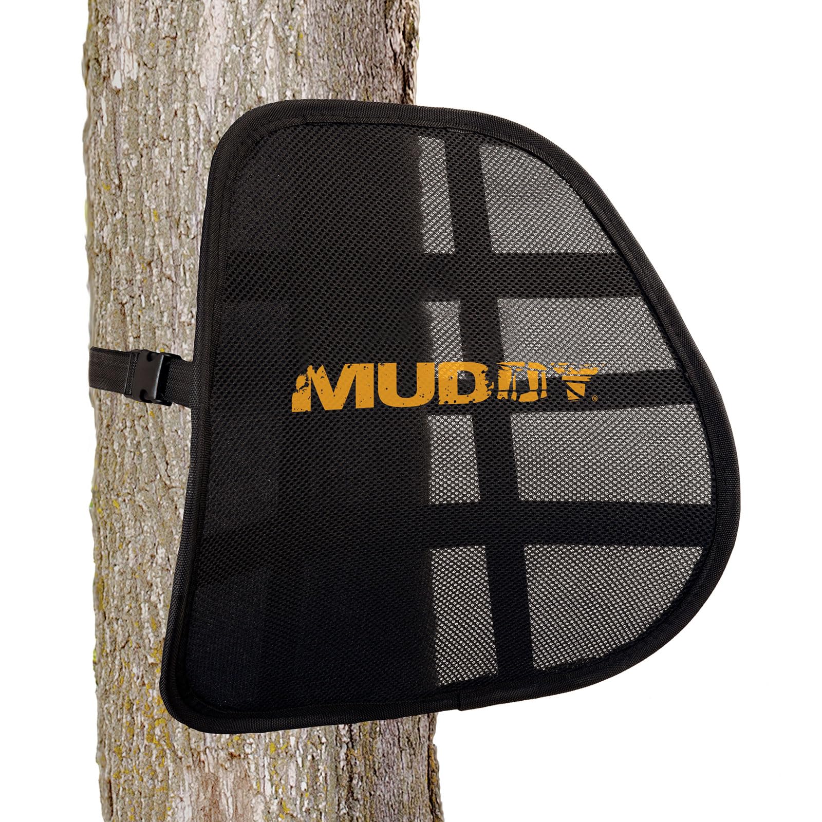 MUDDY Spring Back Lumbar Support attached to treestand seat for comfort on long sits