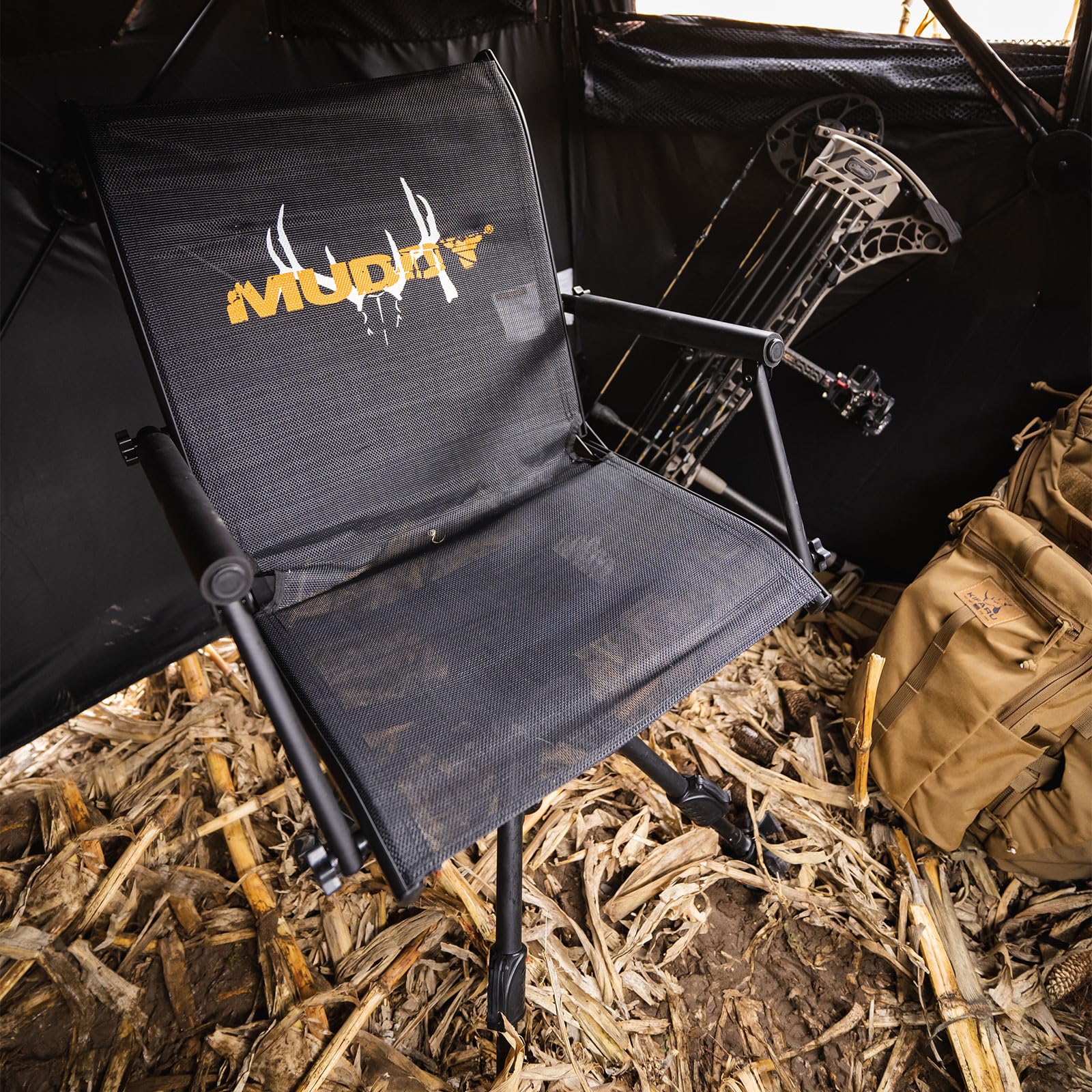 Muddy Swivel Ground Seat folded compact design for easy transport.