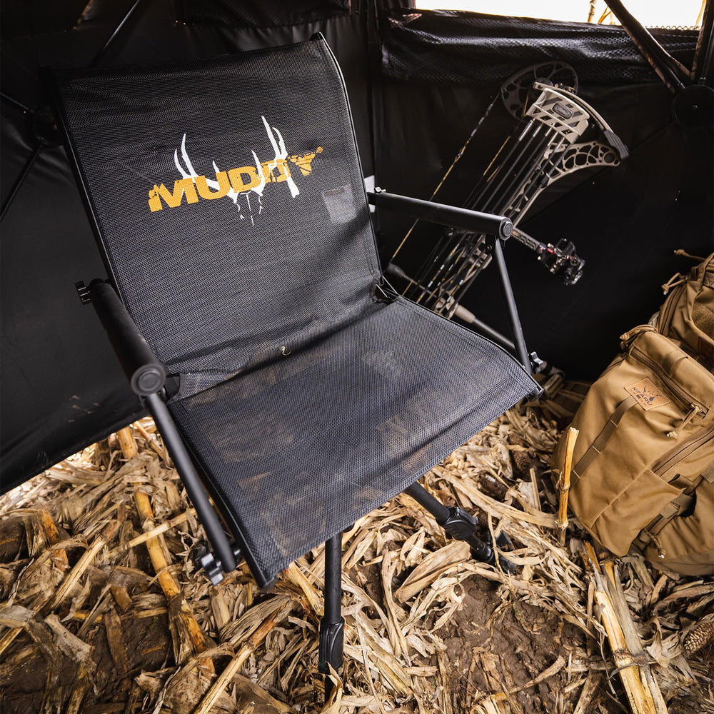 Muddy Swivel Ground Seat folded compact design for easy transport.