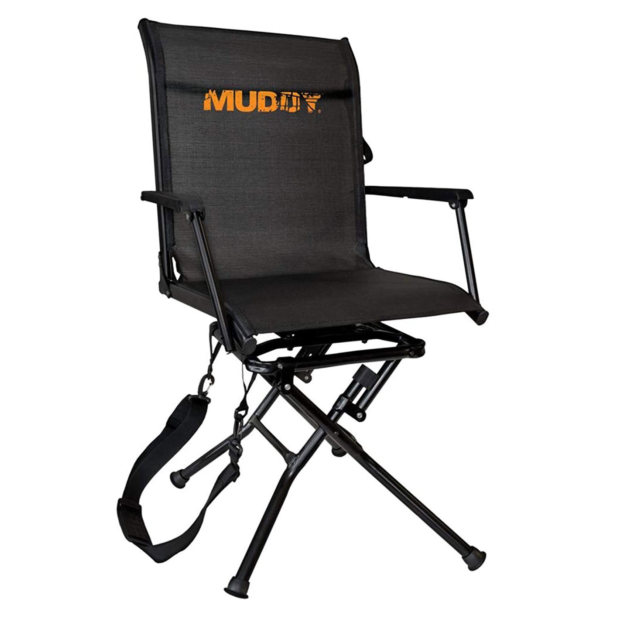 MUDDY Swivel Ground Seat shows wide base for stable seating on uneven terrain.