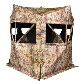 MUDDY Twin Peaks ground blind front view for two hunters outdoors