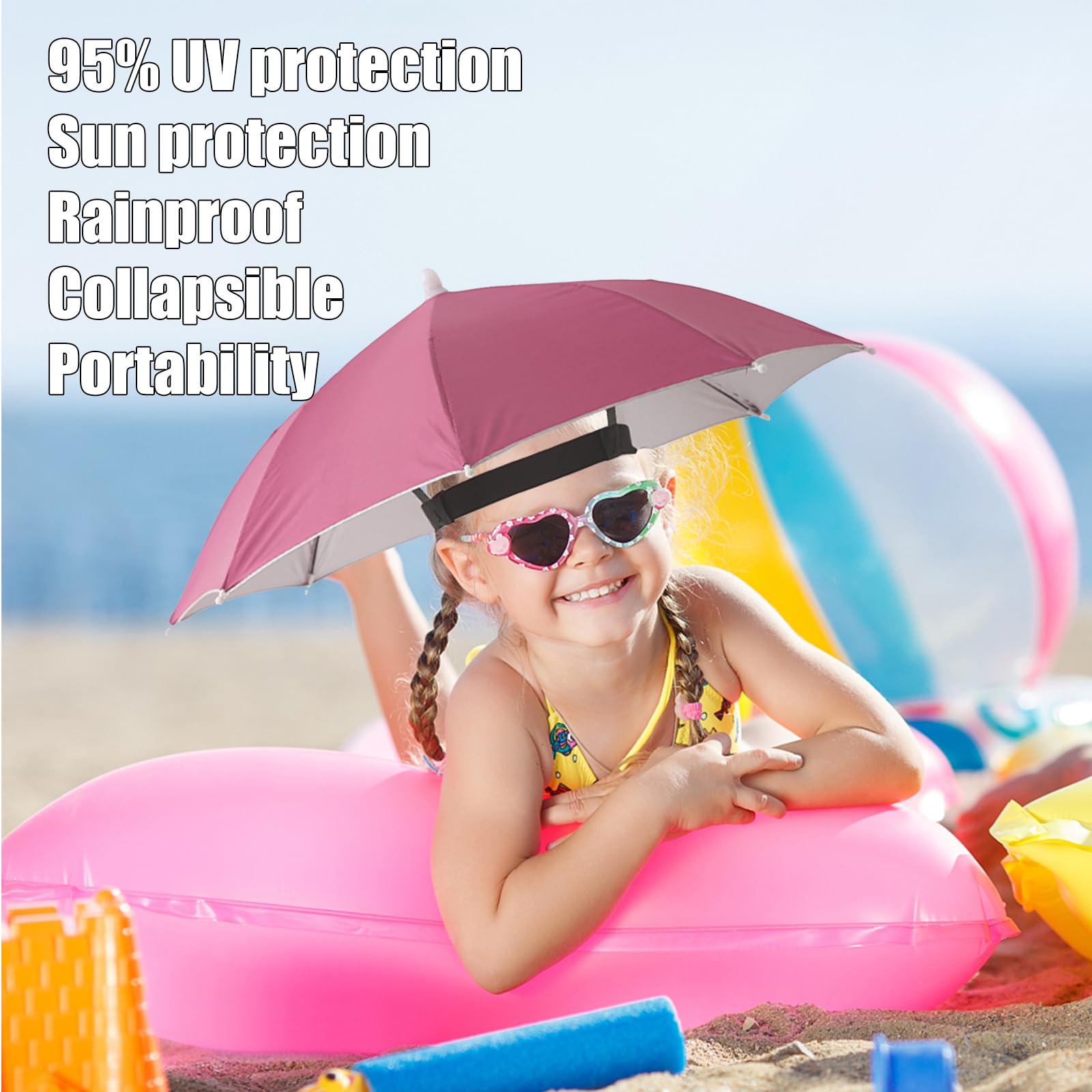 Child wearing MUFEKUM hands-free umbrella hat outdoors
