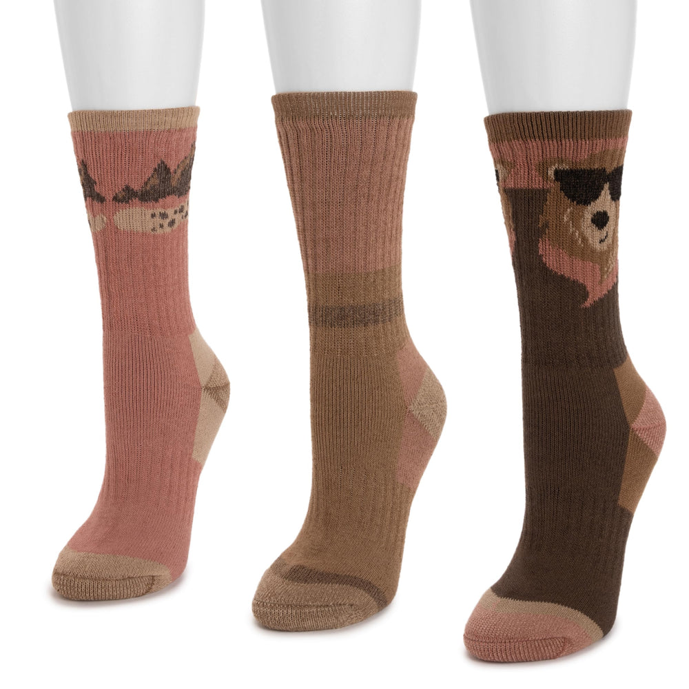 MUK LUKS hiking heat retainer crew sock 3-pack lifestyle image highlights warmth and moisture-wicking comfort.