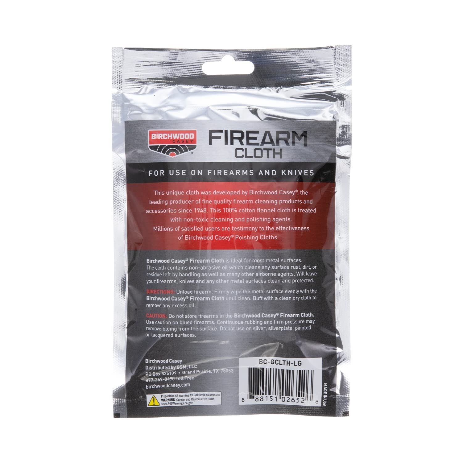 Packaging showing resealable bag for Birchwood Casey Gun Cleaning Cloth