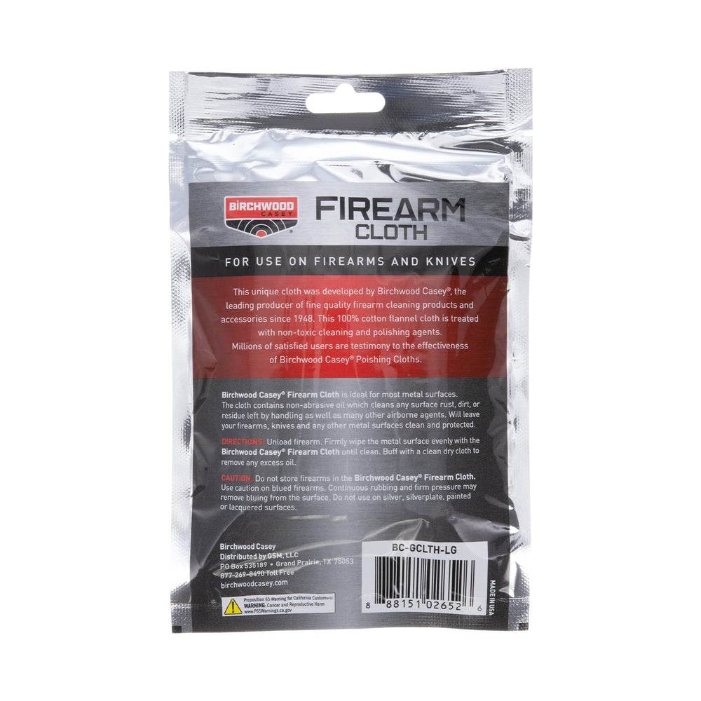 Packaging showing resealable bag for Birchwood Casey Gun Cleaning Cloth