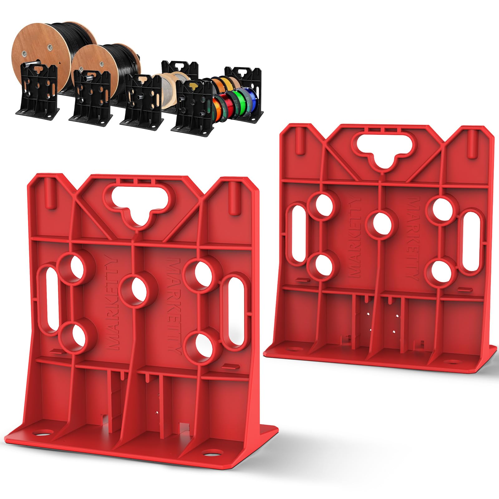 Red multi-purpose wire dispenser rack holding spools