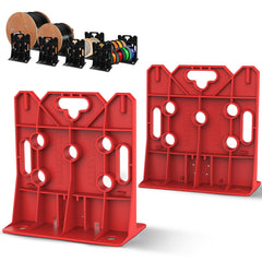 Red multi-purpose wire dispenser rack holding spools