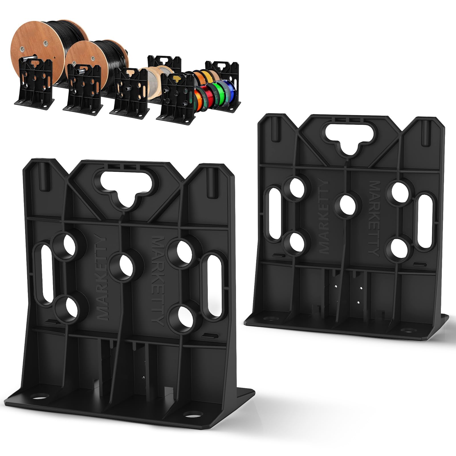 Black multi-purpose wire dispenser spool rack holding spools up to 34-inch diameter.