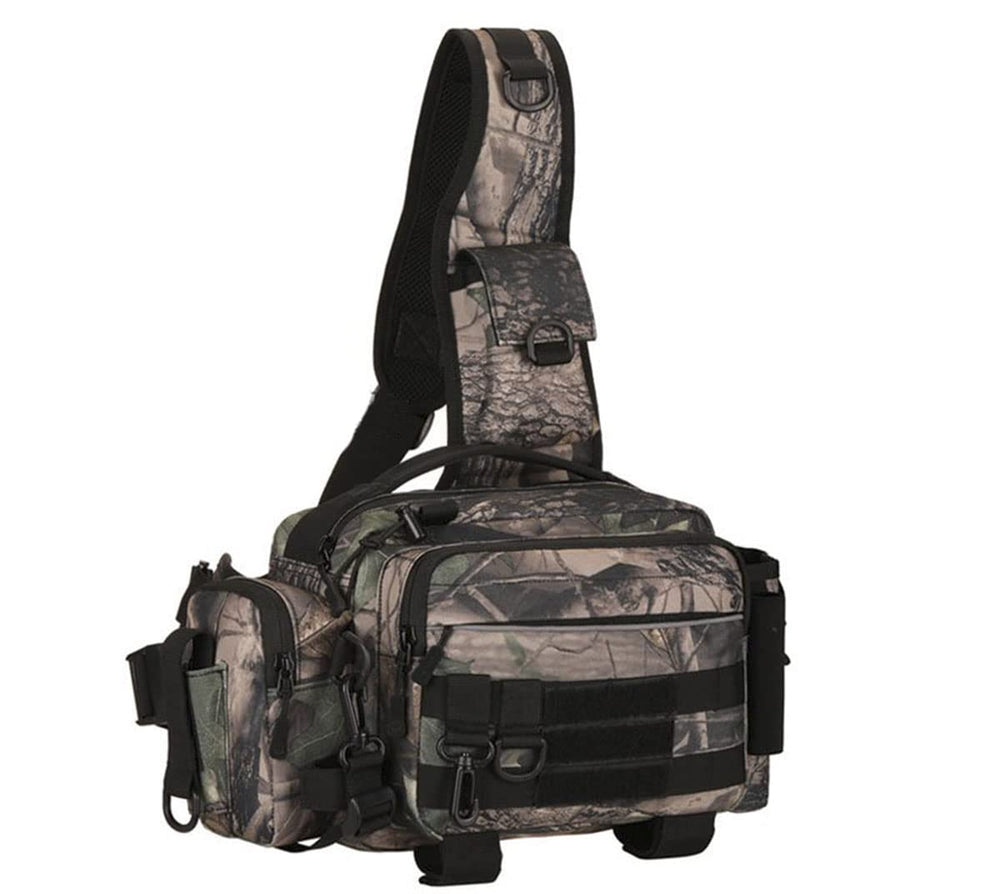 Tree camo multipurpose sling fishing tackle bag with adjustable strap