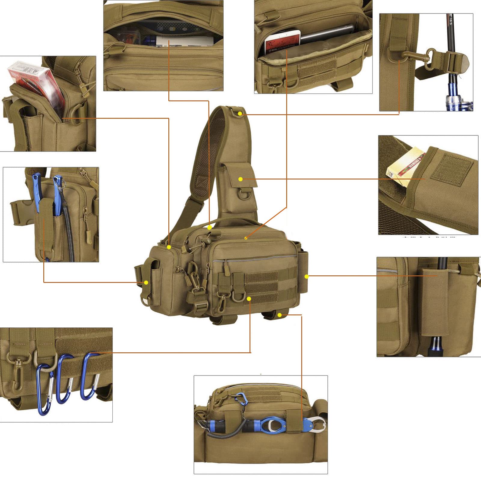 Front pockets with lures, pliers, and tools accessible