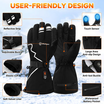 Multper heated gloves in snowy conditions illustrate durable winter warmth.