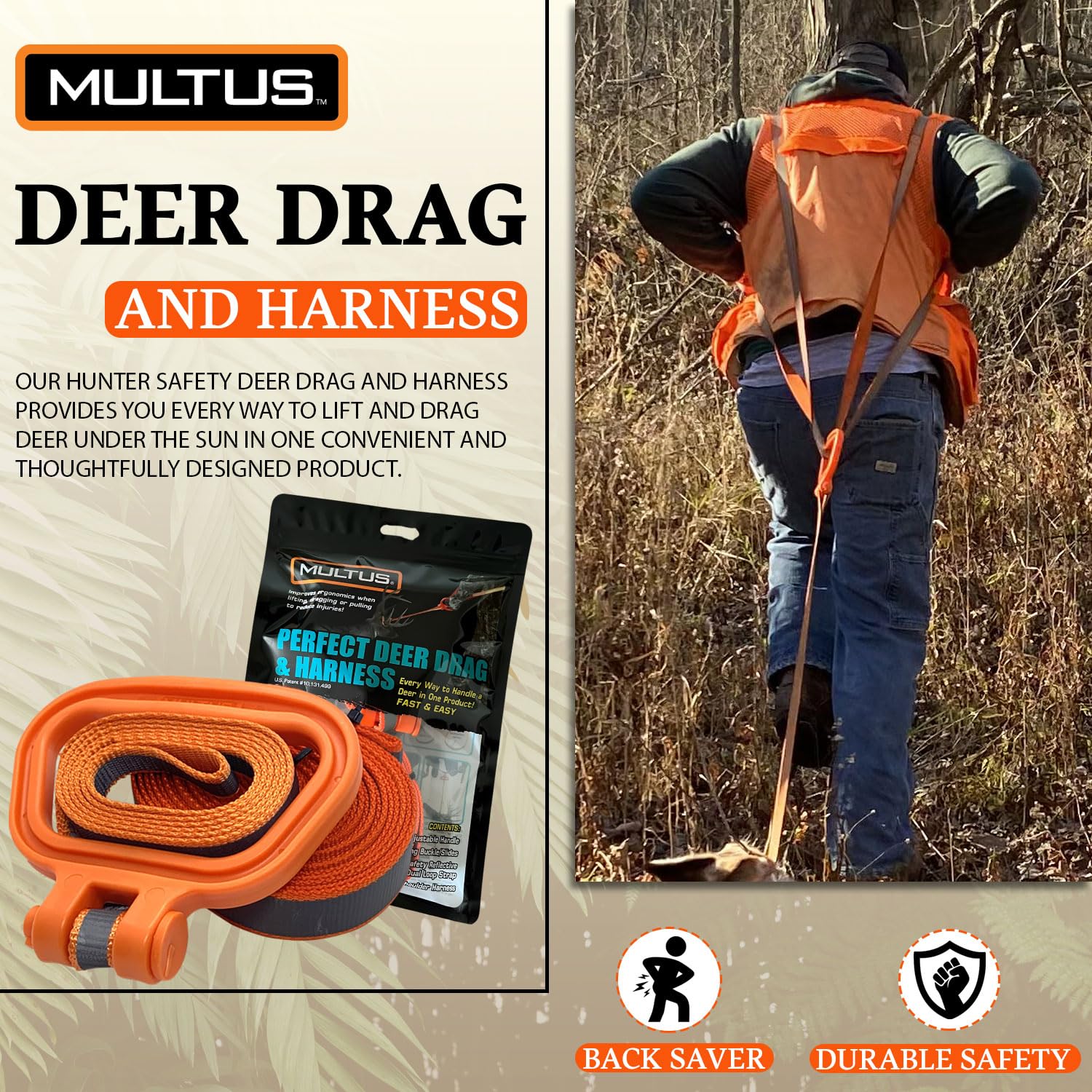 MULTUS deer drag harness with sturdy handle for controlled lifting and dragging.