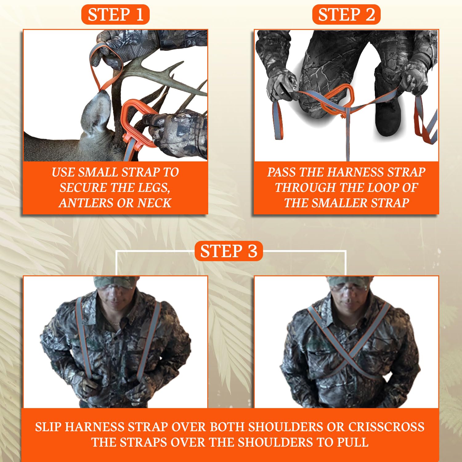 MULTUS deer drag harness materials: polyester, HDPE, and nylon for durability.