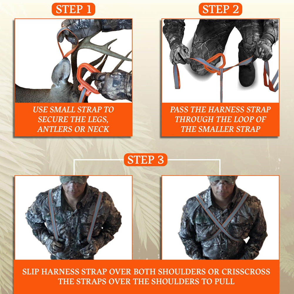 MULTUS deer drag harness materials: polyester, HDPE, and nylon for durability.