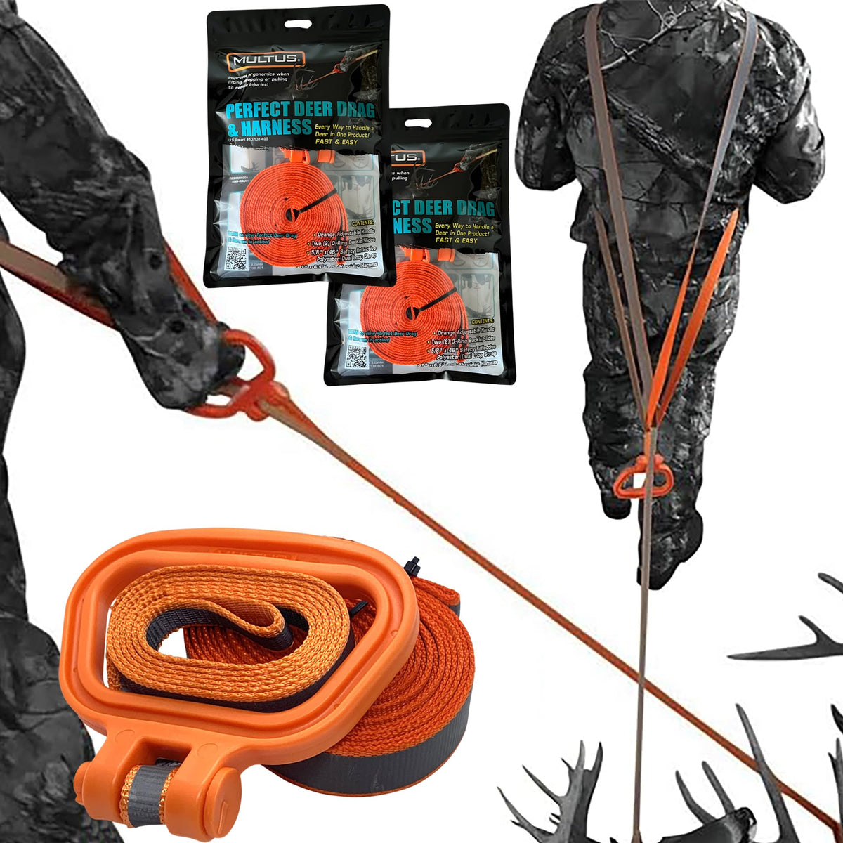 MULTUS deer drag harness overview shows all-in-one hauling solution for hunters.