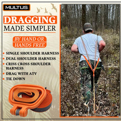 MULTUS deer drag harness features reflective shoulder strap for safer movement.