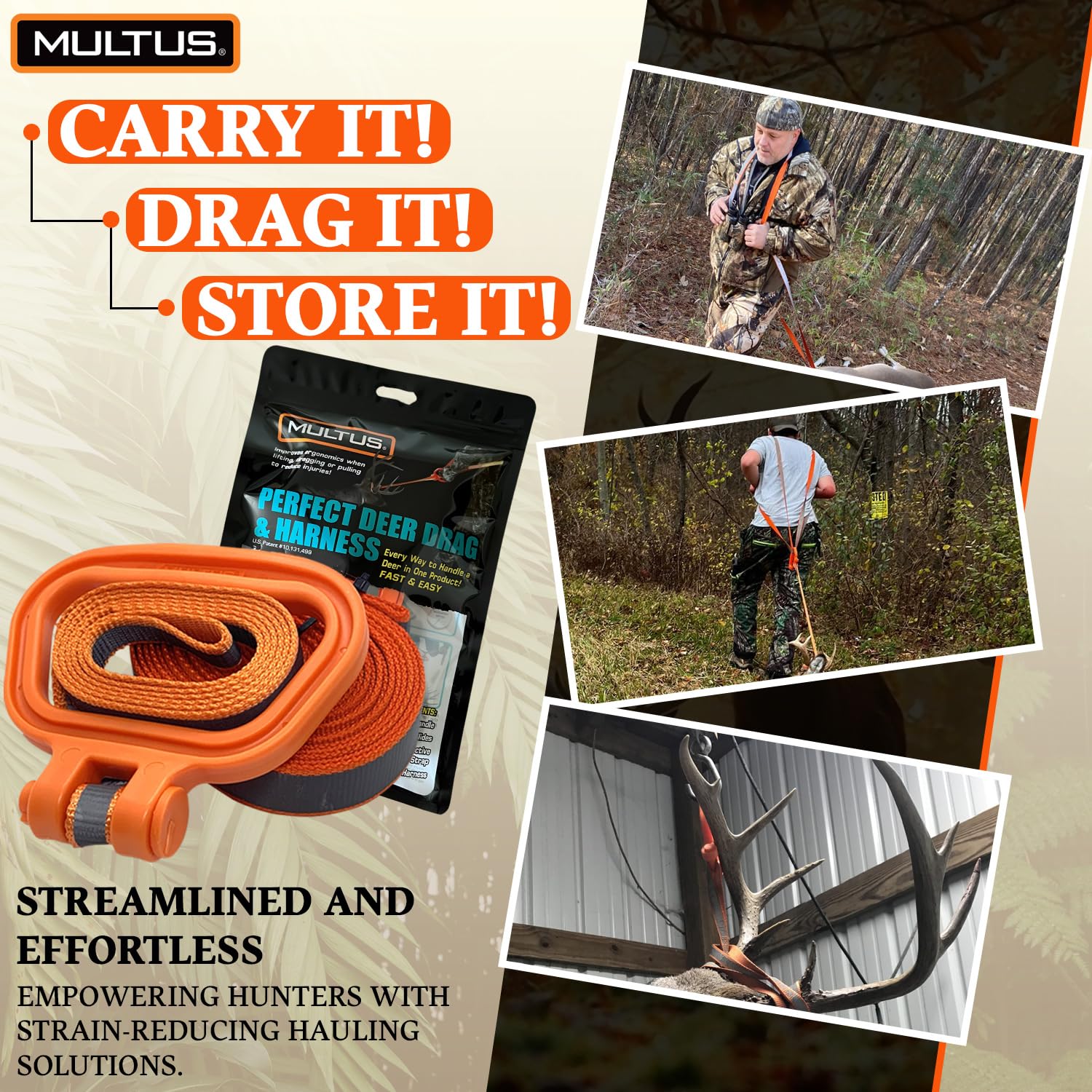 MULTUS deer drag harness used in all-terrain scenarios for flexible hauling.