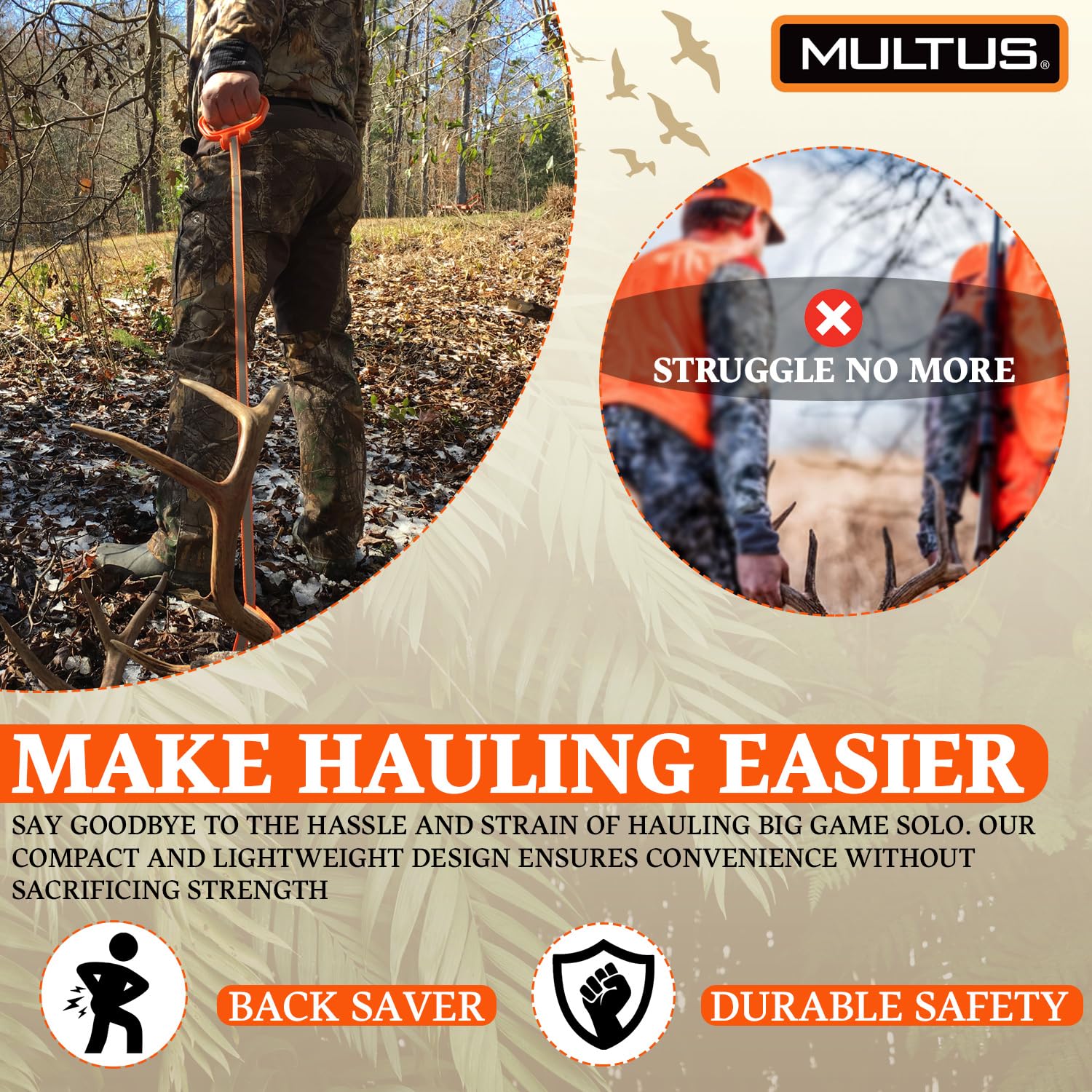 MULTUS deer drag rope with reflective strap enhances safety and visibility.