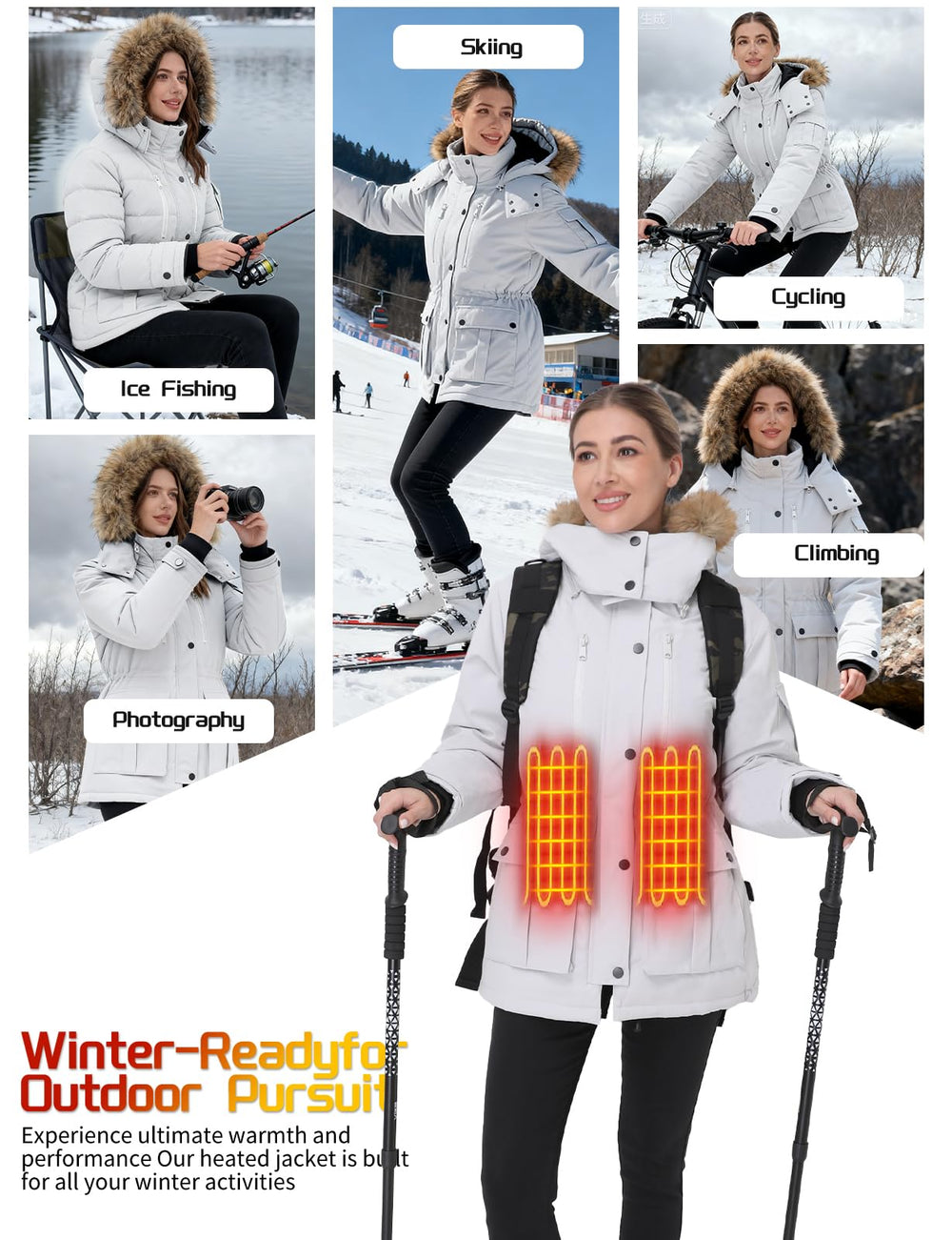 Muroly heated jacket worn on a winter hike demonstrates versatile outdoor warmth.